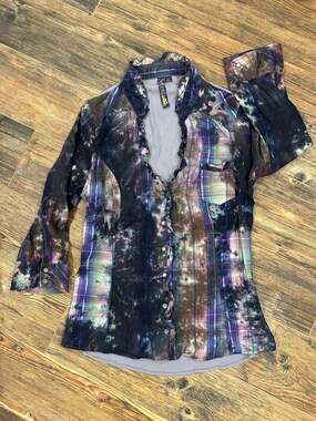 Kouture by Kimora Plaid Tie-Dye Ruffle Button Down Shirt XL